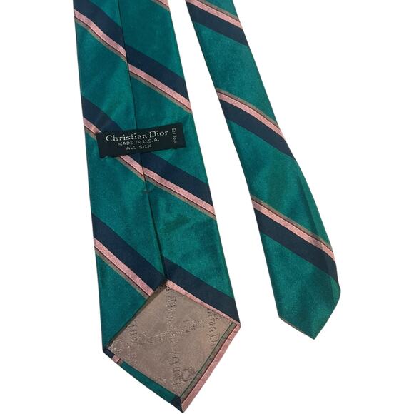 Vintage Christian Dior Teal Blue Pink Striped All Silk Neck Tie Made in USA - Picture 2 of 10